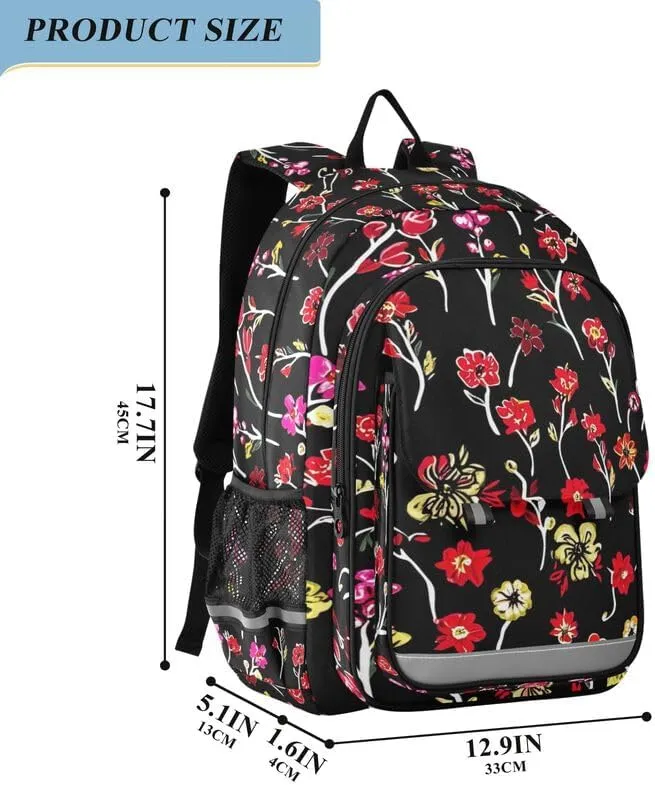 ODAWA Floral Flowers Black Backpacks for Kids Casual Daypack for Travel with Bottle Side Pockets Kids Backpack Ages 6-12