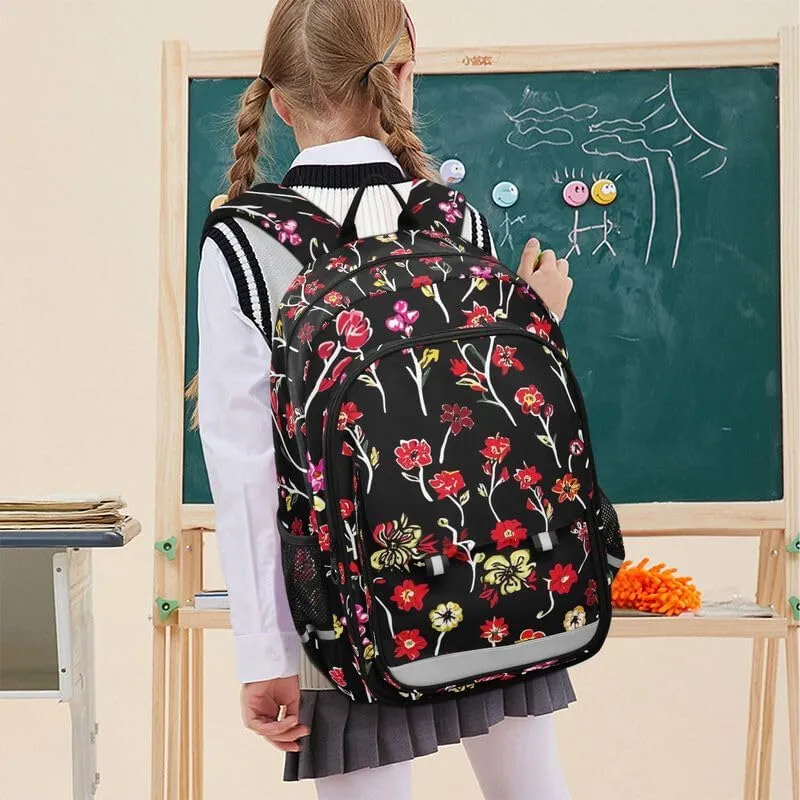ODAWA Floral Flowers Black Backpacks for Kids Casual Daypack for Travel with Bottle Side Pockets Kids Backpack Ages 6-12