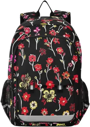 ODAWA Floral Flowers Black Backpacks for Kids Casual Daypack for Travel with Bottle Side Pockets Kids Backpack Ages 6-12