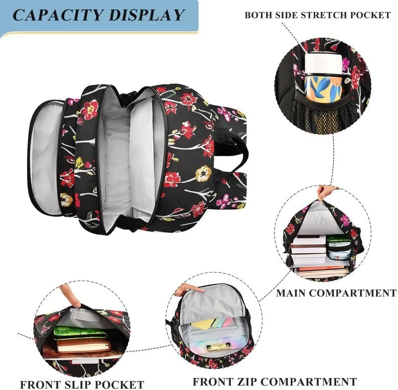 ODAWA Floral Flowers Black Backpacks for Kids Casual Daypack for Travel with Bottle Side Pockets Kids Backpack Ages 6-12