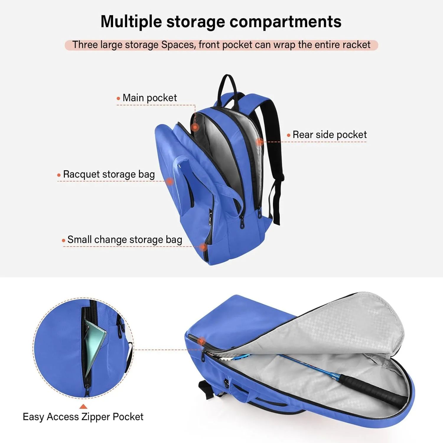 ODAWA Light Salmon Tennis Bag Holds 2 Tennis Rackets Waterproof Tennis Backpack