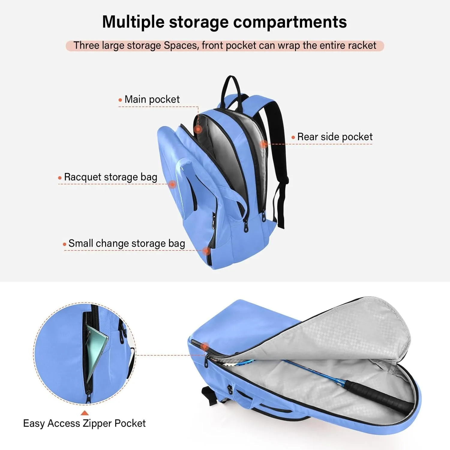 ODAWA Light Salmon Tennis Bag Holds 2 Tennis Rackets Waterproof Tennis Backpack