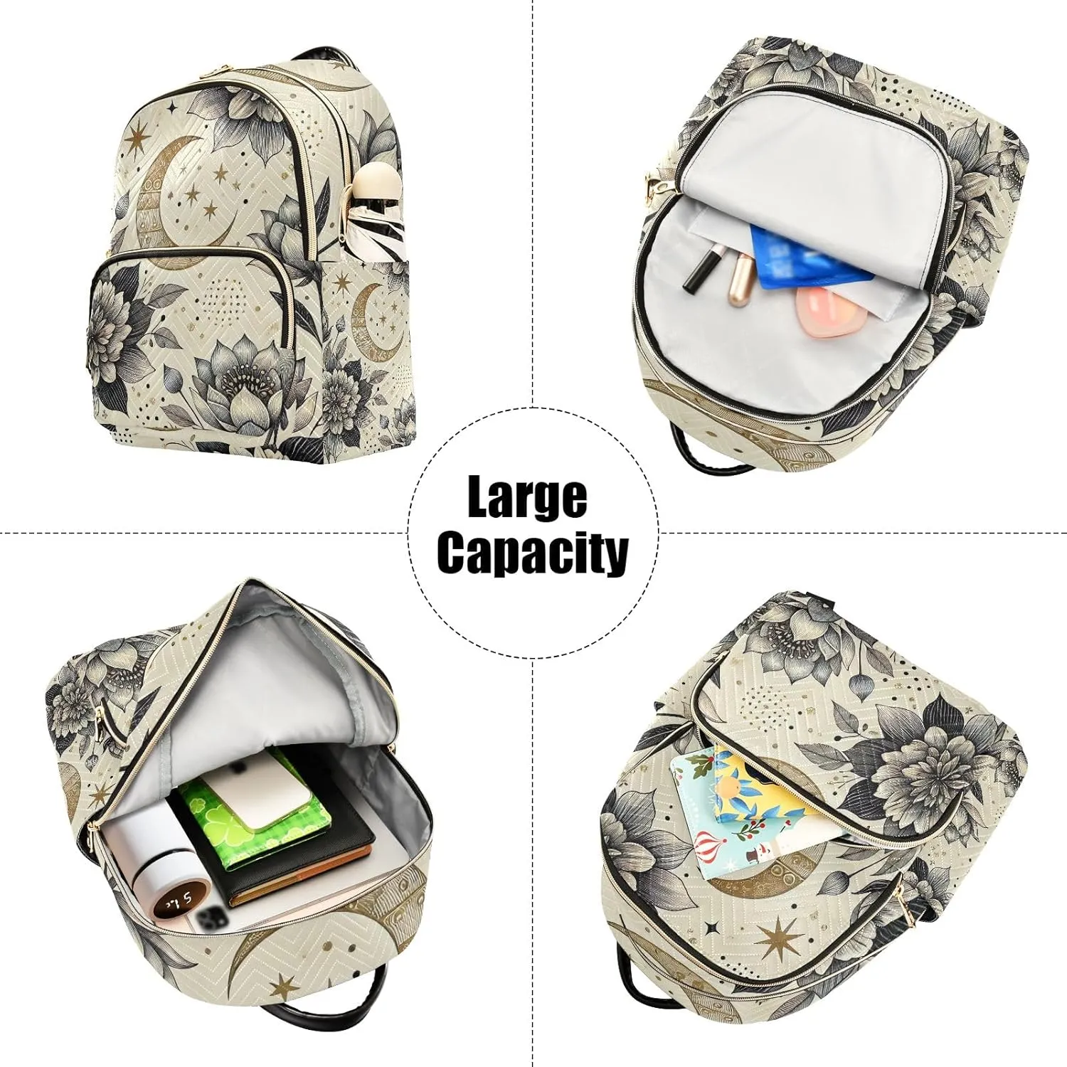 ODAWA Small Quilted Backpack for Women Boho Floral Moon Mini Backpack for Women Travel Backpack