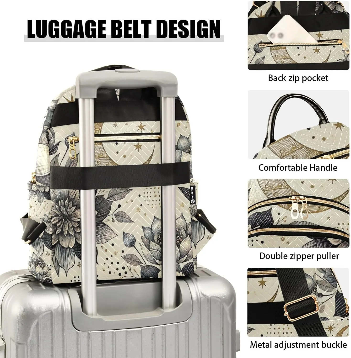 ODAWA Small Quilted Backpack for Women Boho Floral Moon Mini Backpack for Women Travel Backpack