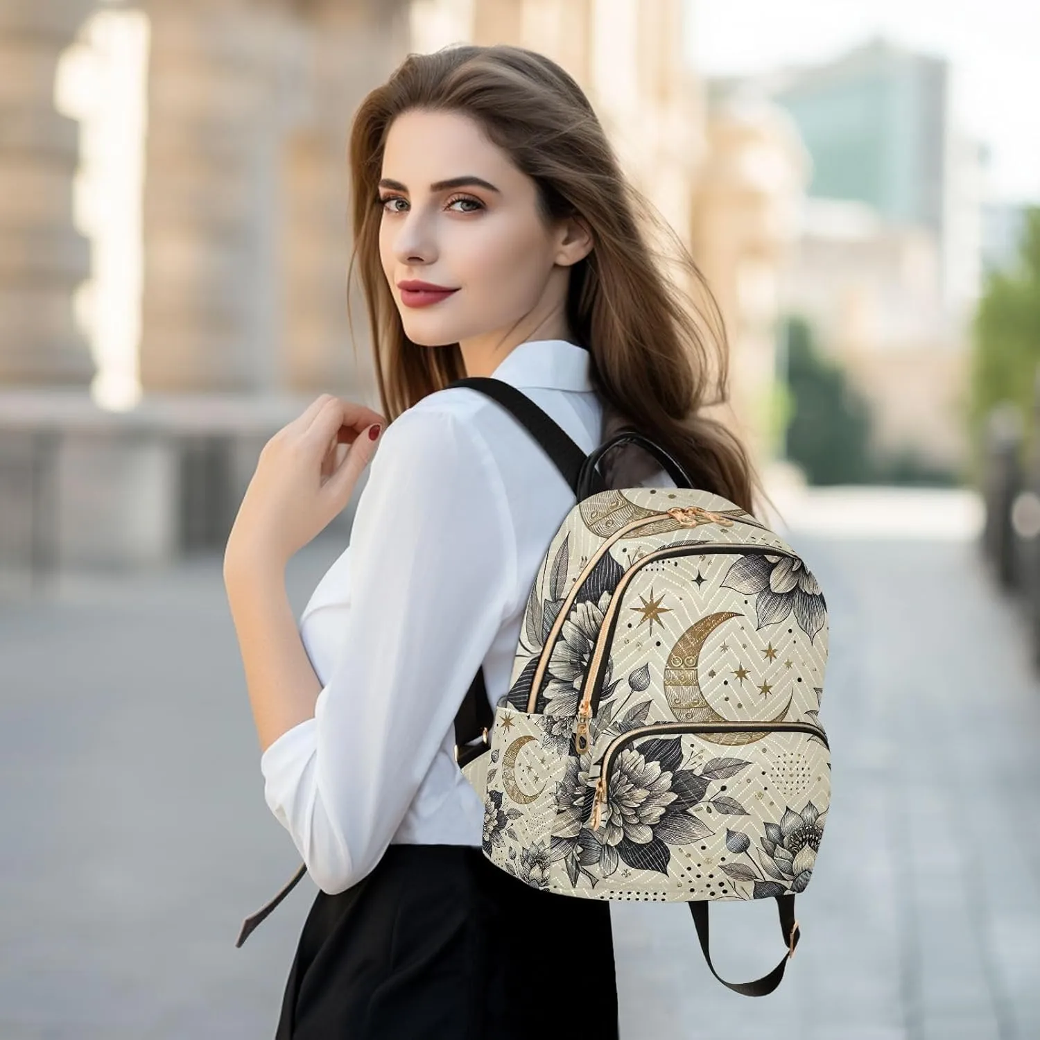 ODAWA Small Quilted Backpack for Women Boho Floral Moon Mini Backpack for Women Travel Backpack
