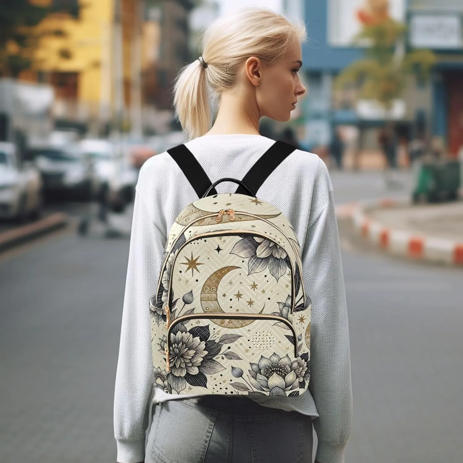 ODAWA Small Quilted Backpack for Women Boho Floral Moon Mini Backpack for Women Travel Backpack