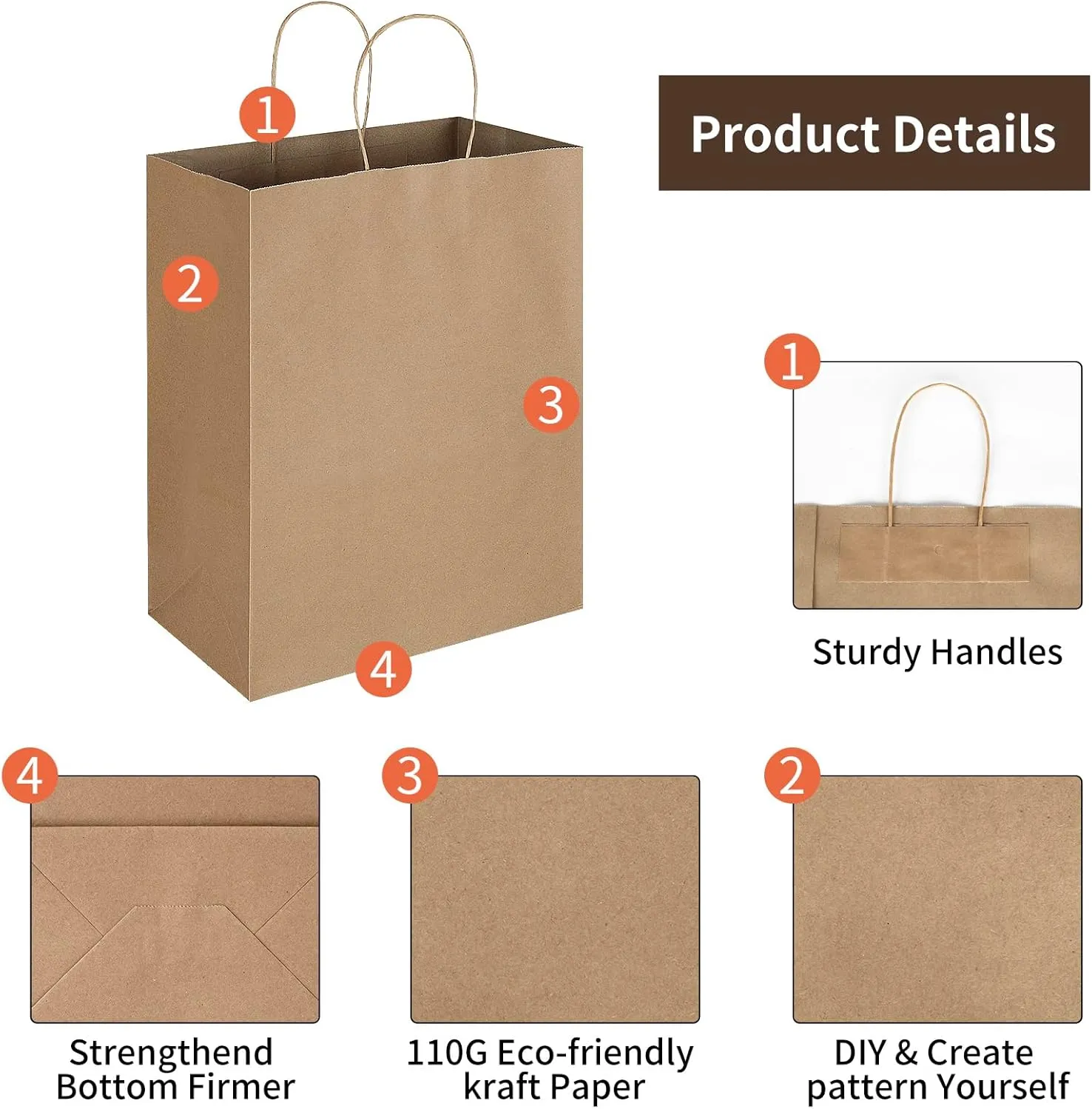 Oikss 50 Pack 10x5x13 Plain Natural Brown Kraft Paper Bags with Handles Bulk for Birthday Party Favors Grocery Retail Shopping Business Goody Recycled Craft Gift Bags (Large Size, 50 Count)