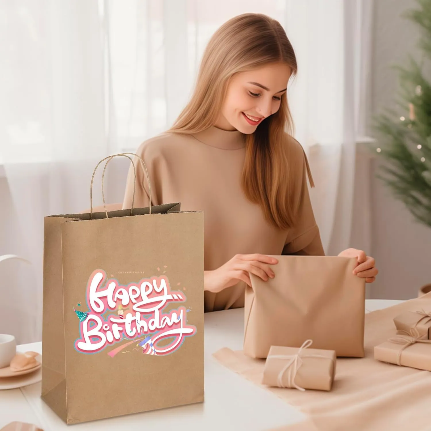 Oikss 50 Pack 10x5x13 Plain Natural Brown Kraft Paper Bags with Handles Bulk for Birthday Party Favors Grocery Retail Shopping Business Goody Recycled Craft Gift Bags (Large Size, 50 Count)