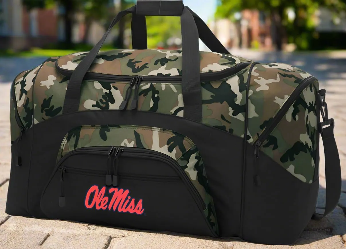Ole Miss Duffel Bag LARGE University of Mississippi Suitcase or Gym Bag for Men Ladies Him or Her! (Camo)