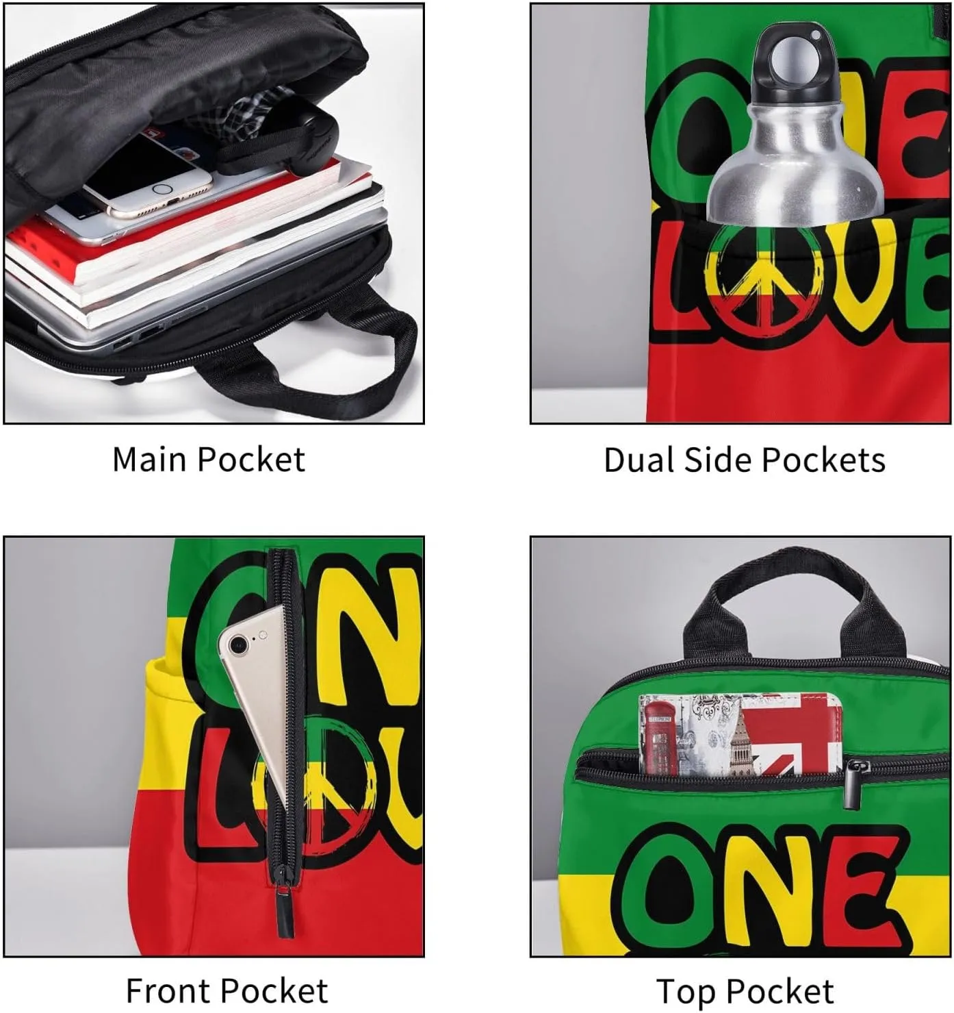 One Loves Peace Reggae Colors Casual Backpacks Laptop Backpack Outdoor Travel Rucksack Sport Carry-On Daypack Lightweight Bag with Multi-Pockets