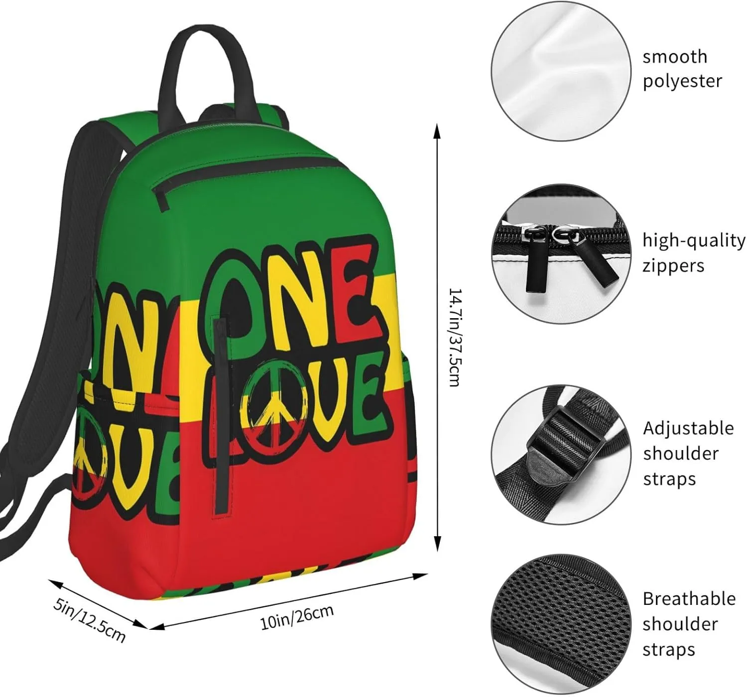 One Loves Peace Reggae Colors Casual Backpacks Laptop Backpack Outdoor Travel Rucksack Sport Carry-On Daypack Lightweight Bag with Multi-Pockets