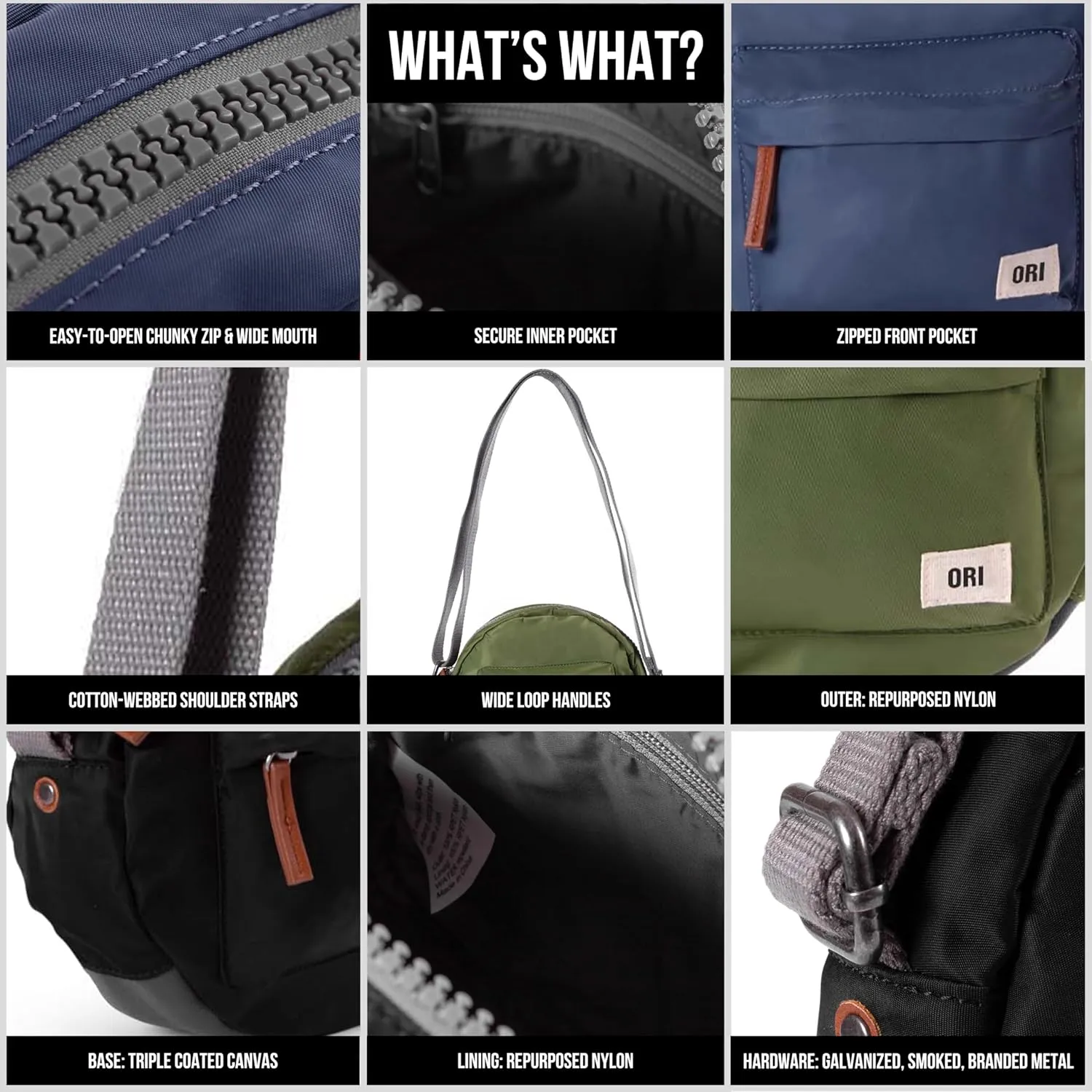 ORI LONDON Crossbody Bag - Nylon Small Crossbody Bags for Women & Men with Chunky Zippers - The Paddington