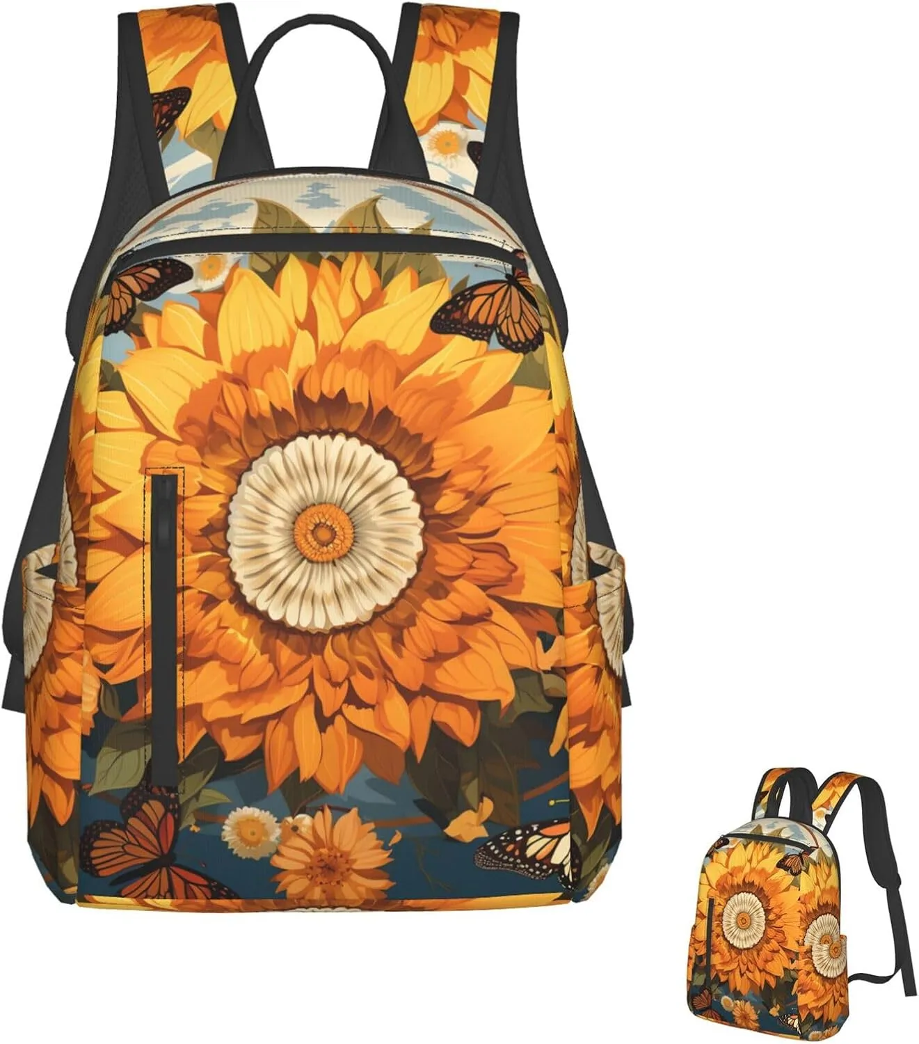 OUSIKA Fashion Backpack Casual Travel Daypack Lightweight Laptop Bags Sunflower Surrounded by Butterflies Laptop Backpacks for Women Men, Black, One Size