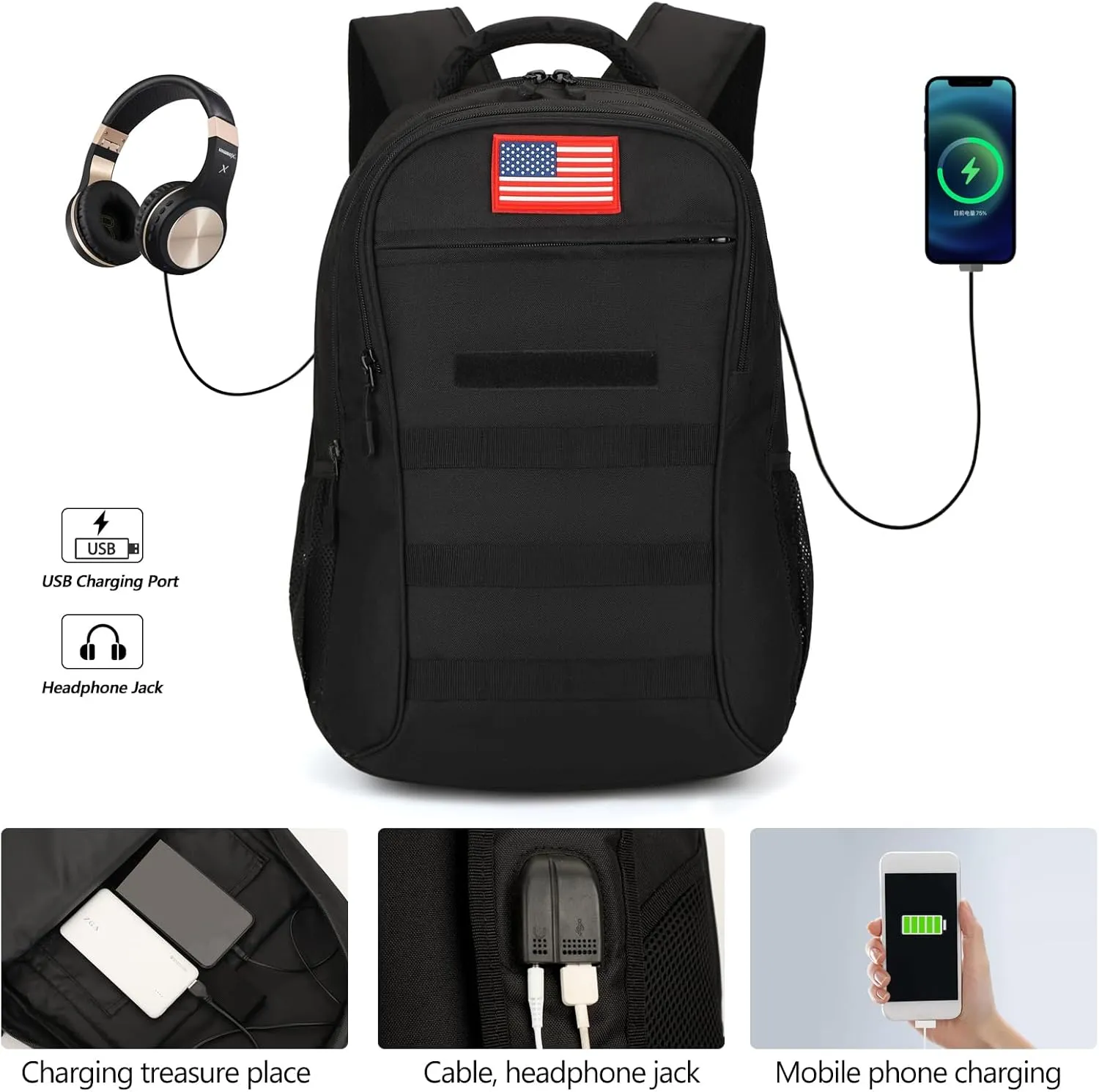 outdoor plus Camo Backpack,Military Boys Backpacks for School,Army Bookbag with USB Charging Port,30l/40L
