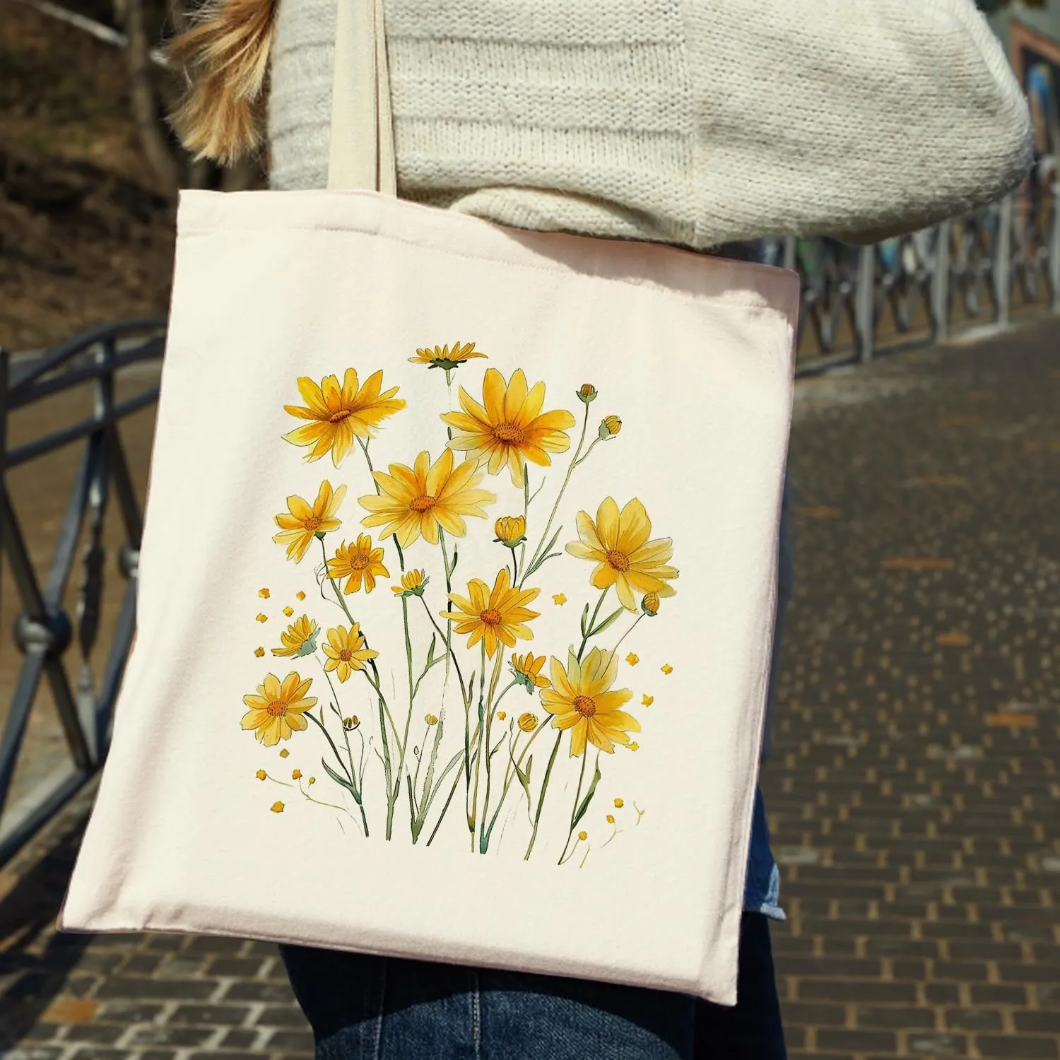 OUZ Flower Tote Bag, Aesthetic Wildflower Tote Bag, Canvas Tote Bag for Women Beach Bag Shopping Bags Reusable Grocery Bags