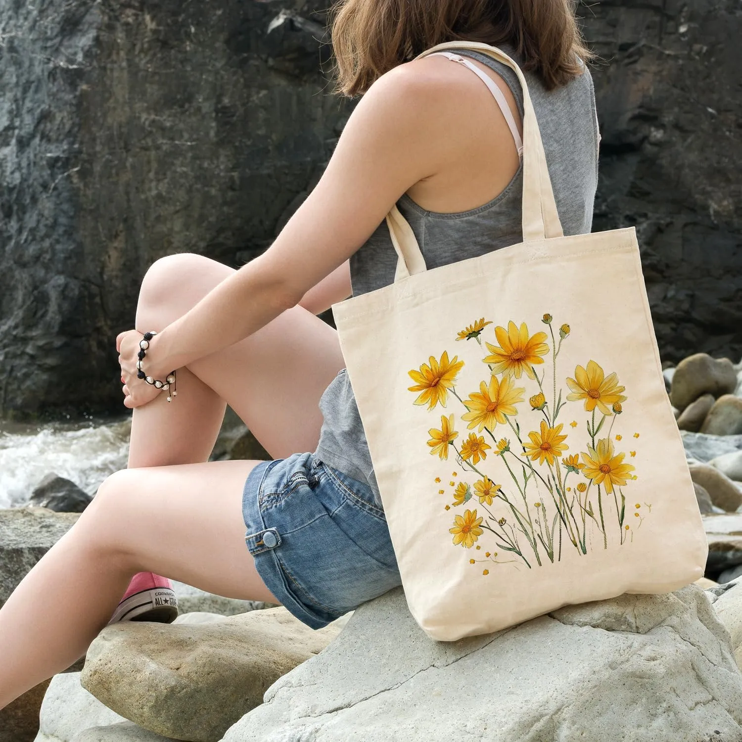 OUZ Flower Tote Bag, Aesthetic Wildflower Tote Bag, Canvas Tote Bag for Women Beach Bag Shopping Bags Reusable Grocery Bags