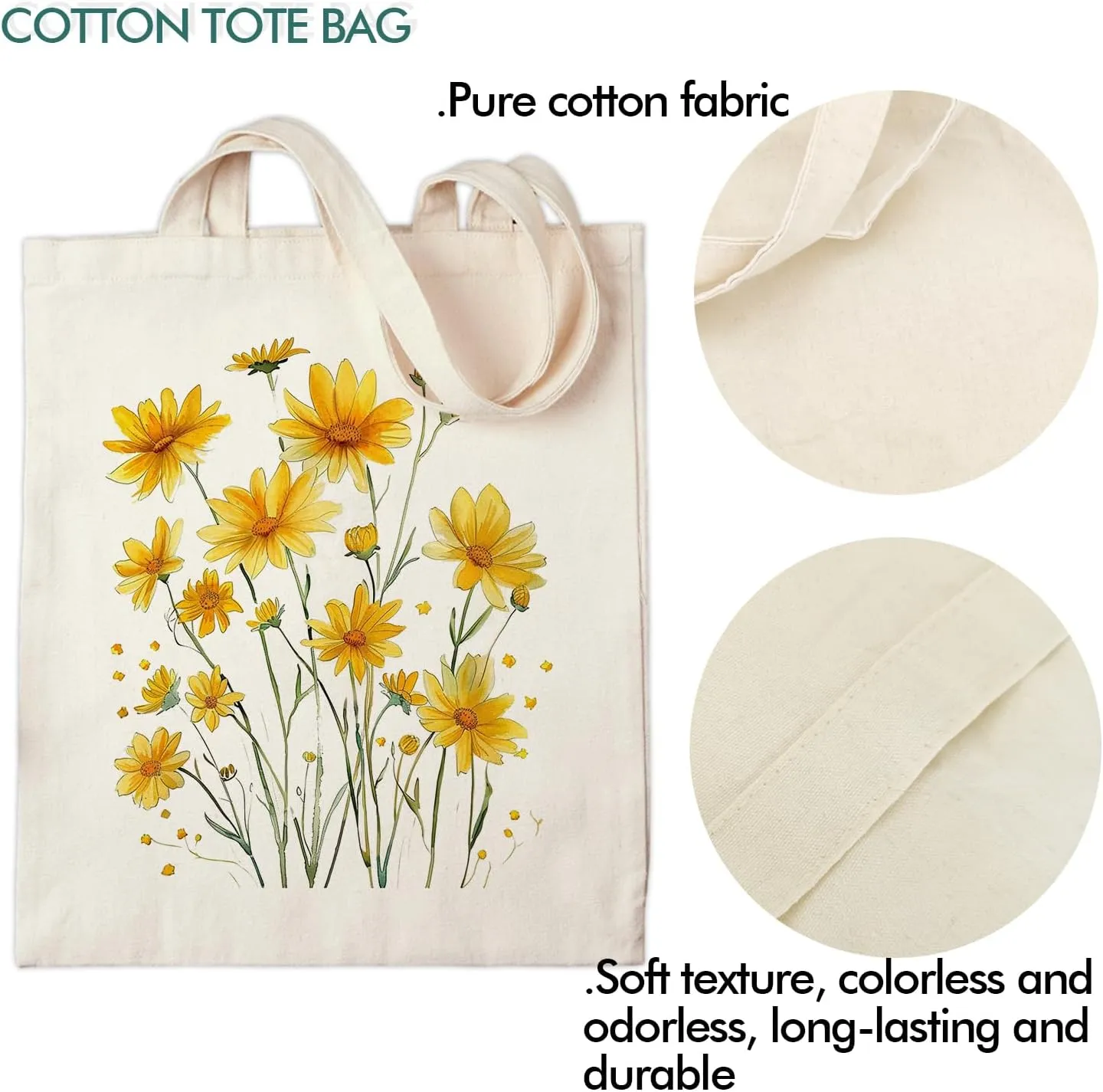 OUZ Flower Tote Bag, Aesthetic Wildflower Tote Bag, Canvas Tote Bag for Women Beach Bag Shopping Bags Reusable Grocery Bags
