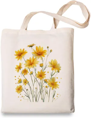 OUZ Flower Tote Bag, Aesthetic Wildflower Tote Bag, Canvas Tote Bag for Women Beach Bag Shopping Bags Reusable Grocery Bags