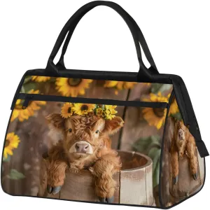 Overnight Weekender Bag for Women Men Highland Cow Flower Waterproof Carry On Travel Duffel Bags with Zipper Lightweight Sports Gym Bag Luggage Workout Handle Bags for Traveling Yoga Camping