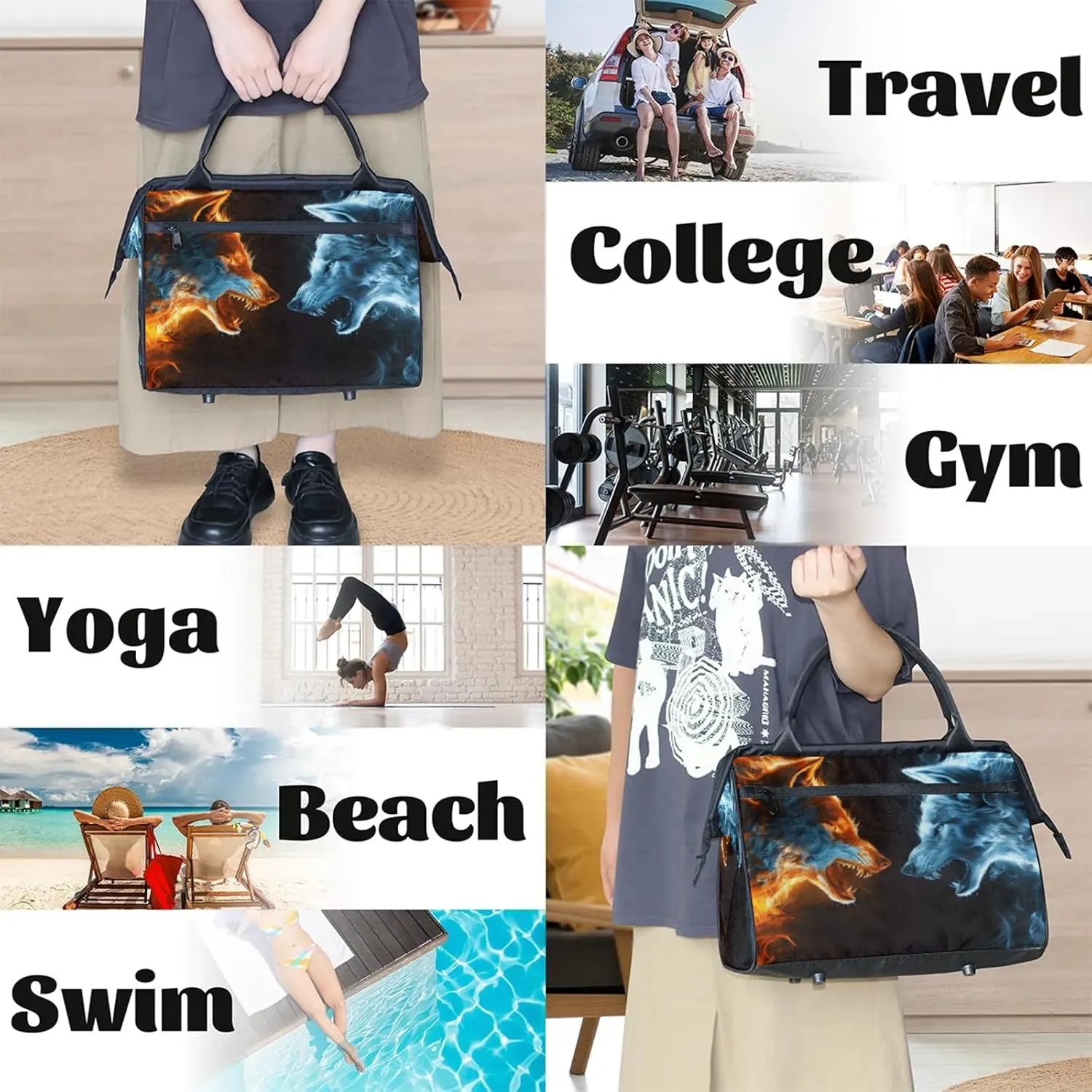 Overnight Weekender Bag for Women Men Red Blue Wolf Waterproof Carry On Travel Duffel Bags with Zipper Lightweight Sports Gym Bag Luggage Workout Handle Bags for Traveling Yoga Camping