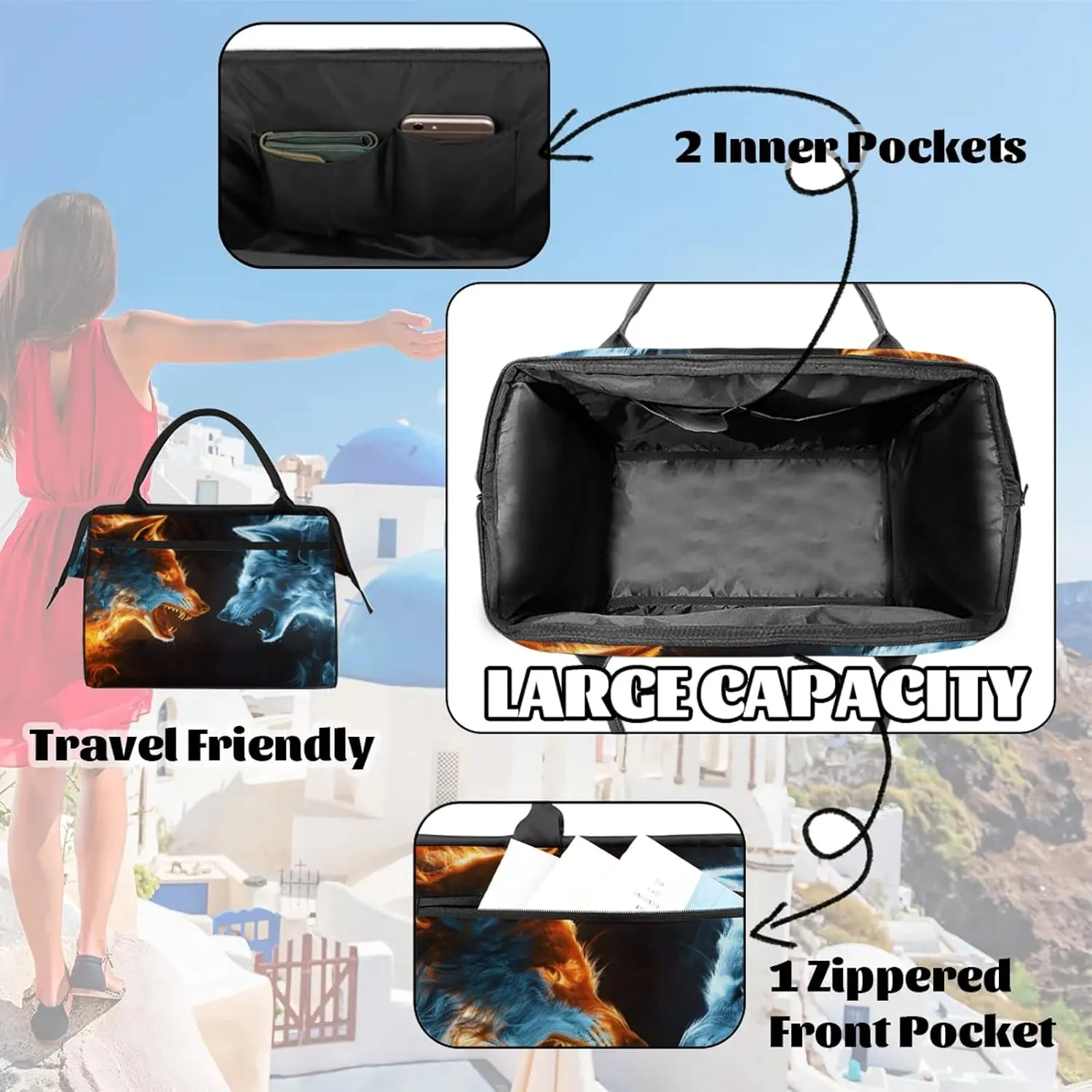 Overnight Weekender Bag for Women Men Red Blue Wolf Waterproof Carry On Travel Duffel Bags with Zipper Lightweight Sports Gym Bag Luggage Workout Handle Bags for Traveling Yoga Camping