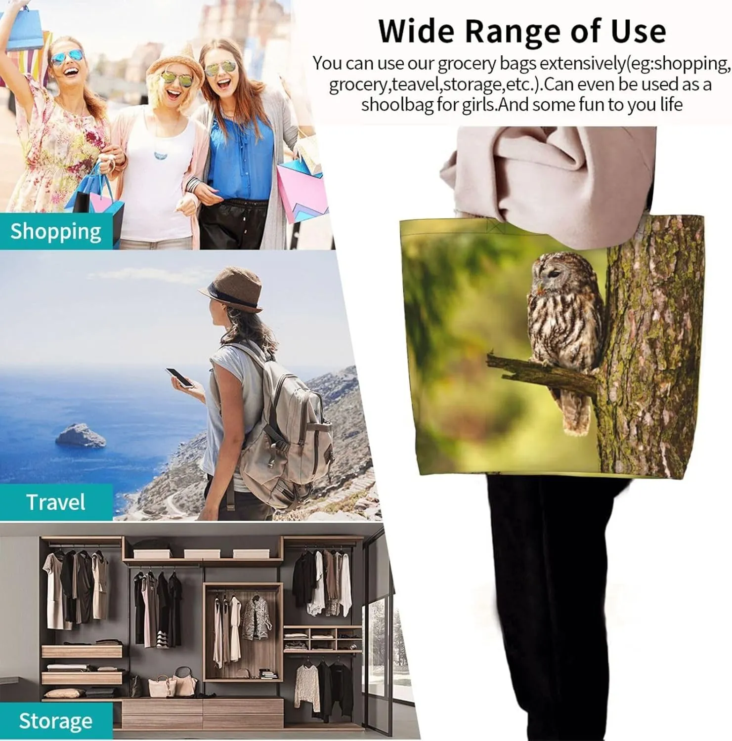Owl Canvas Tote Bag Animal Shoulder Bag Handbag Cute Casual Grocery Bags Funny Bag for Outdoor