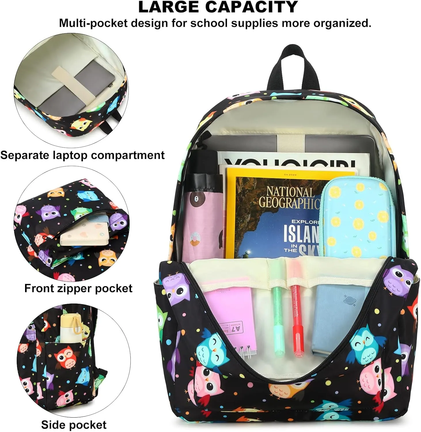 Owl Girls Backpack for Elementary Middle School, Kids Teens School Bag Women College Bookbag Laptop Backpacks