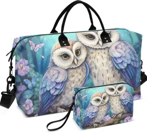 Owls Floral Travel Duffel Bags Makeup Pouch Set of 2, Funny Women Tote Gym Bag Weekend Bag Duffel