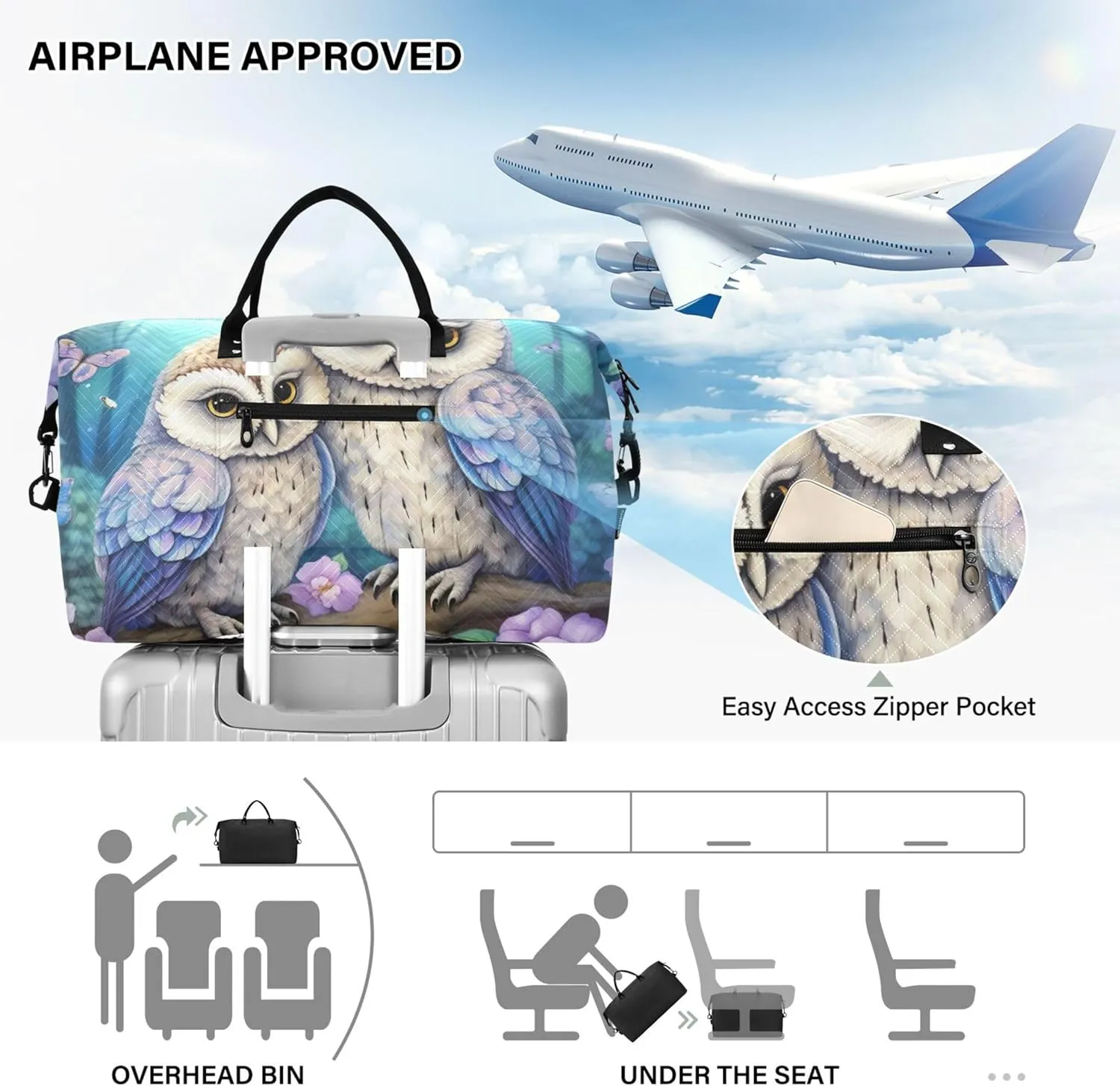 Owls Floral Travel Duffel Bags Makeup Pouch Set of 2, Funny Women Tote Gym Bag Weekend Bag Duffel