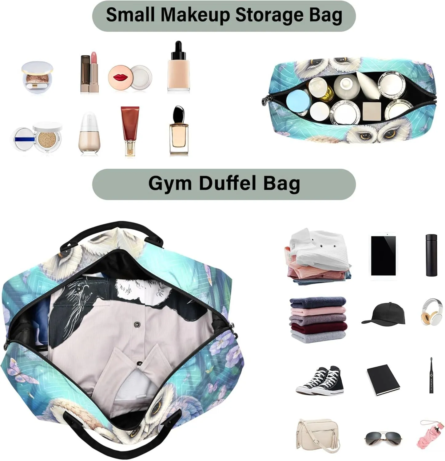 Owls Floral Travel Duffel Bags Makeup Pouch Set of 2, Funny Women Tote Gym Bag Weekend Bag Duffel
