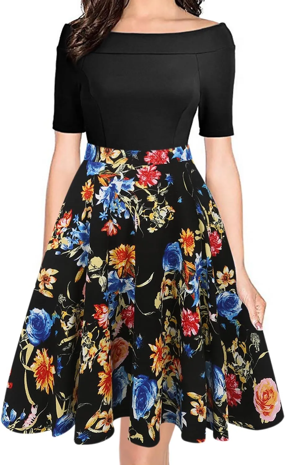 oxiuly Women's Vintage Off Shoulder Pockets Casual Floral A-Line Party Cocktail Swing Dress OX232