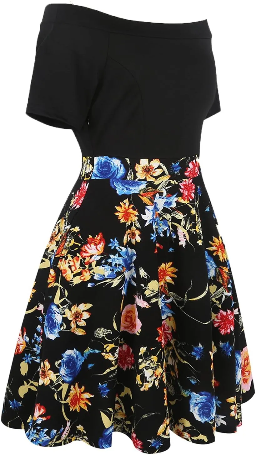 oxiuly Women's Vintage Off Shoulder Pockets Casual Floral A-Line Party Cocktail Swing Dress OX232