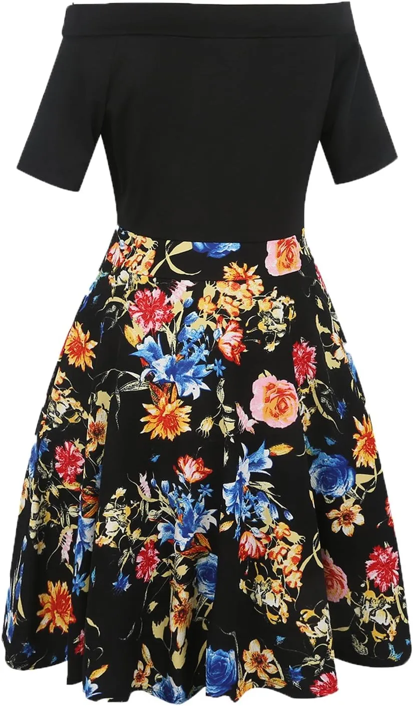 oxiuly Women's Vintage Off Shoulder Pockets Casual Floral A-Line Party Cocktail Swing Dress OX232