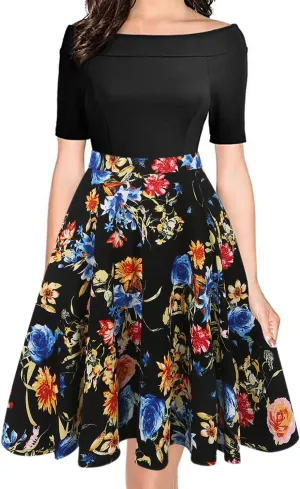 oxiuly Women's Vintage Off Shoulder Pockets Casual Floral A-Line Party Cocktail Swing Dress OX232