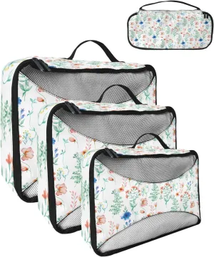 Packing Cubes for Travel, 4 Set Travel Packing Organized Cubes Plants Blue Flowers Green Leaves Watercolor Style Waterproof Luggage Organizer Shoe Bag Travel Accessories for Carry On Suitcases