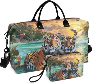 Painting Tigers Beach Scenery Duffel Bags for Traveling Toiletry Bag Set of 2, Design Womens Small Duffle Bag Overnight Bag
