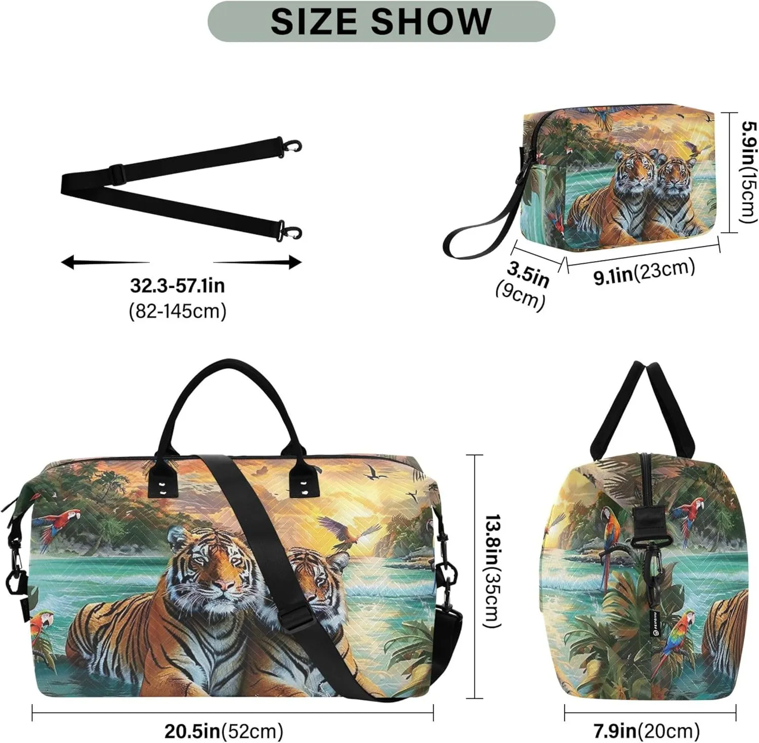 Painting Tigers Beach Scenery Duffel Bags for Traveling Toiletry Bag Set of 2, Design Womens Small Duffle Bag Overnight Bag