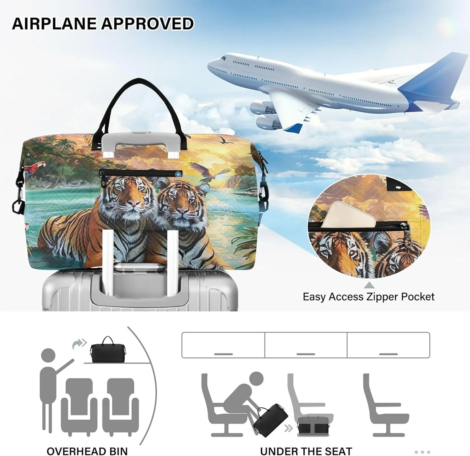 Painting Tigers Beach Scenery Duffel Bags for Traveling Toiletry Bag Set of 2, Design Womens Small Duffle Bag Overnight Bag