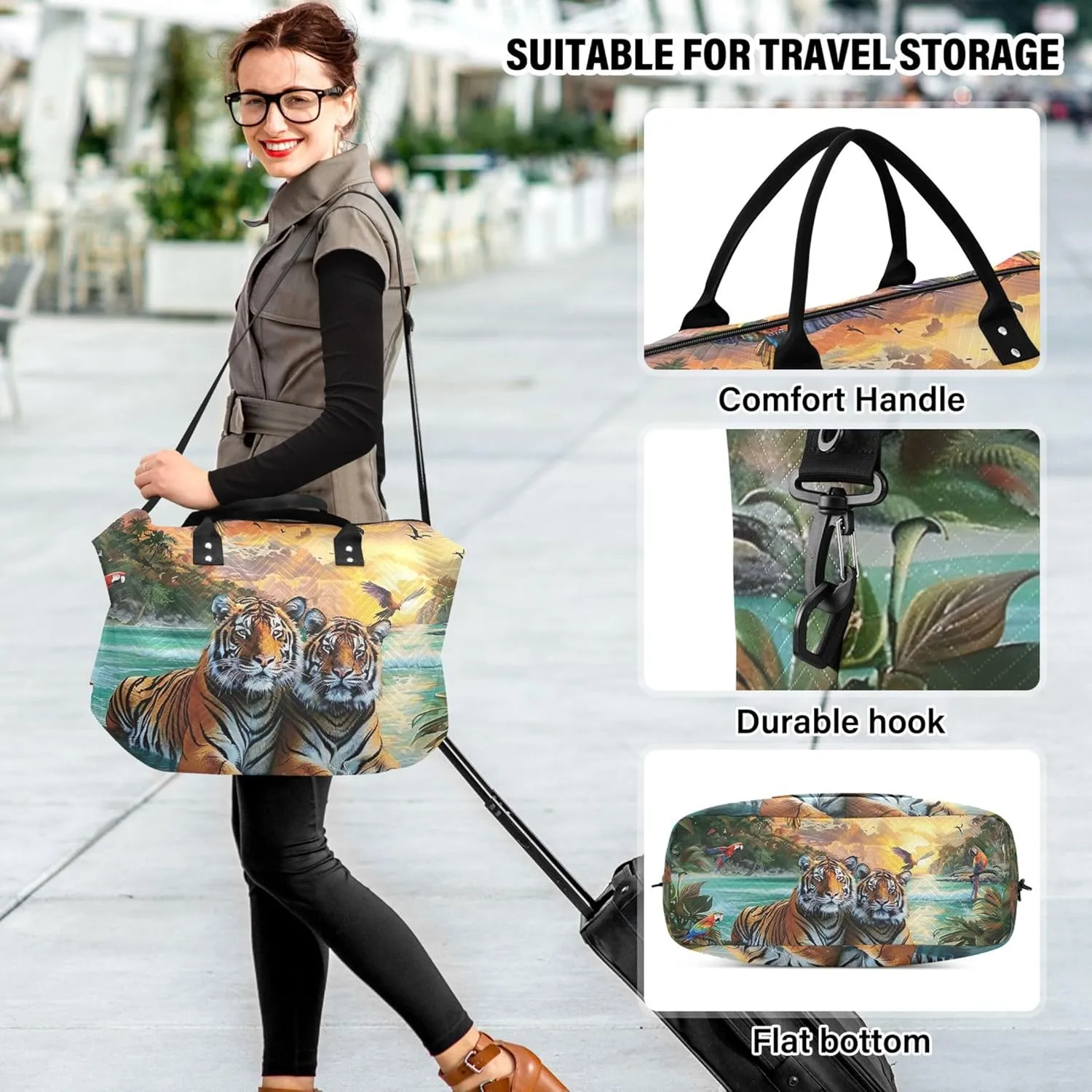 Painting Tigers Beach Scenery Duffel Bags for Traveling Toiletry Bag Set of 2, Design Womens Small Duffle Bag Overnight Bag