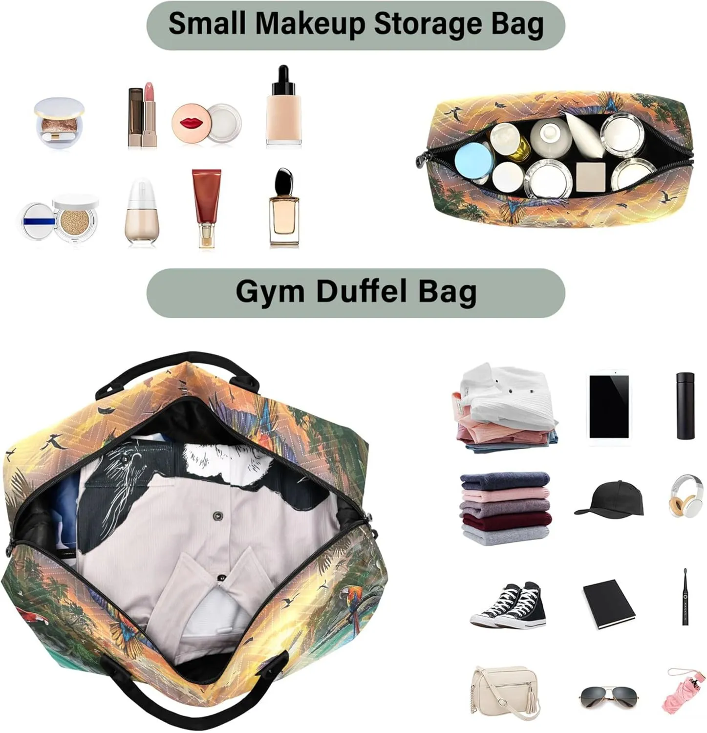 Painting Tigers Beach Scenery Duffel Bags for Traveling Toiletry Bag Set of 2, Design Womens Small Duffle Bag Overnight Bag