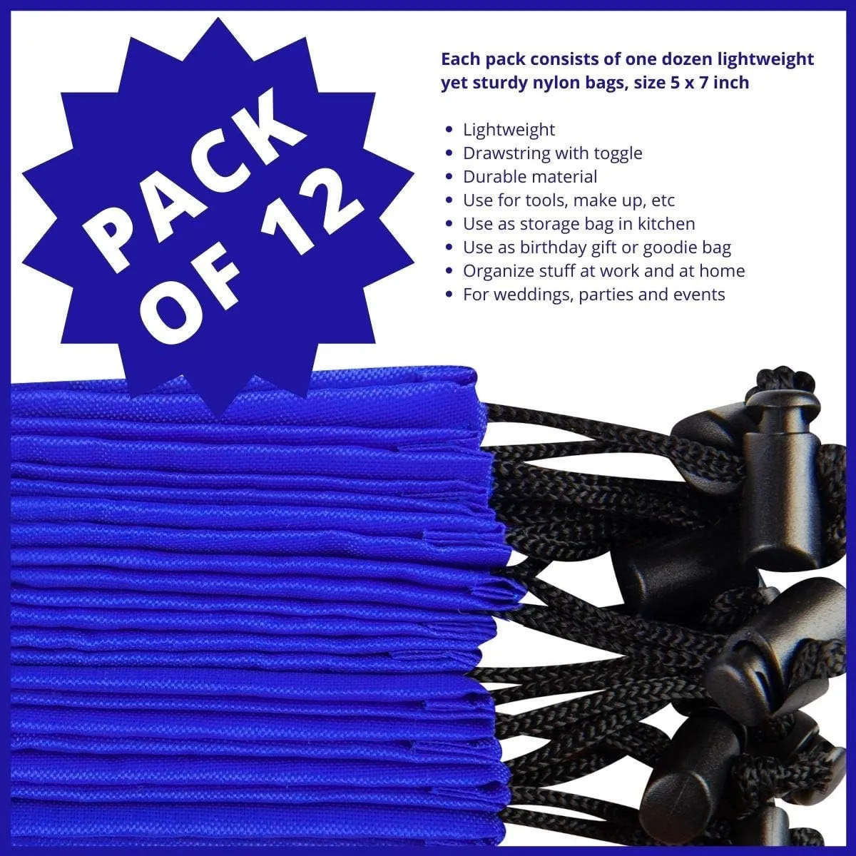PALTERWEAR Drawstring Bag - Nylon Cinch and Ditty Stuff Pouch with Toggle (5 x 7-12 pack, Blue)