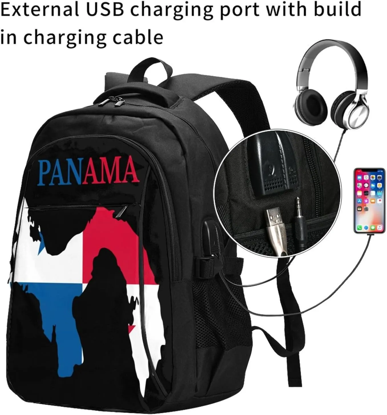 Panama Flag Map Casual Travel Backpacks Hiking Camping Backpack Large Outdoor Sport Daypack Laptop Rucksack Climbing Working Bags with USB Port