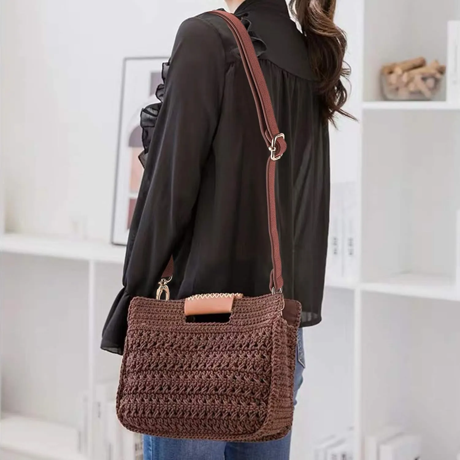 PandaHall DIY PU Leather Bag Knitting Set, Leather Bottom/26' Shoulder Strap/Twist Lock/Flap Cover/Buckles for Crochet Handbag Tote Shoulder Bag, Brown (7 Accessories)