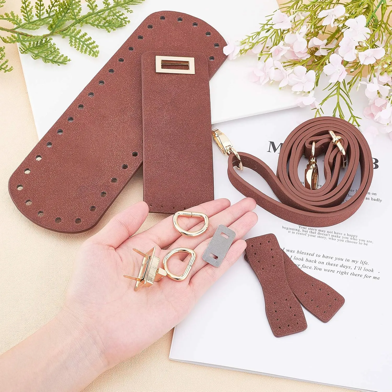 PandaHall DIY PU Leather Bag Knitting Set, Leather Bottom/26' Shoulder Strap/Twist Lock/Flap Cover/Buckles for Crochet Handbag Tote Shoulder Bag, Brown (7 Accessories)