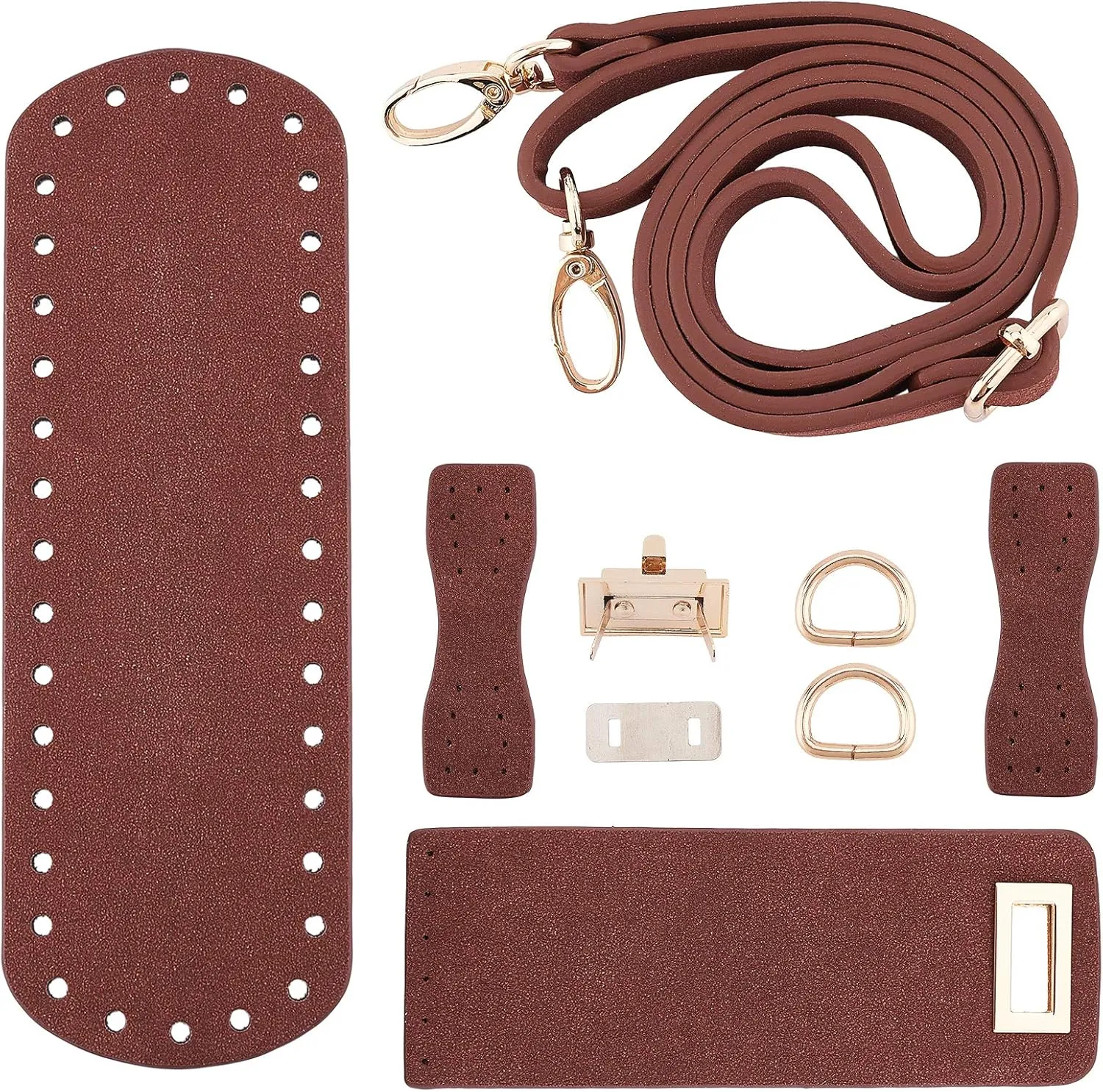 PandaHall DIY PU Leather Bag Knitting Set, Leather Bottom/26' Shoulder Strap/Twist Lock/Flap Cover/Buckles for Crochet Handbag Tote Shoulder Bag, Brown (7 Accessories)