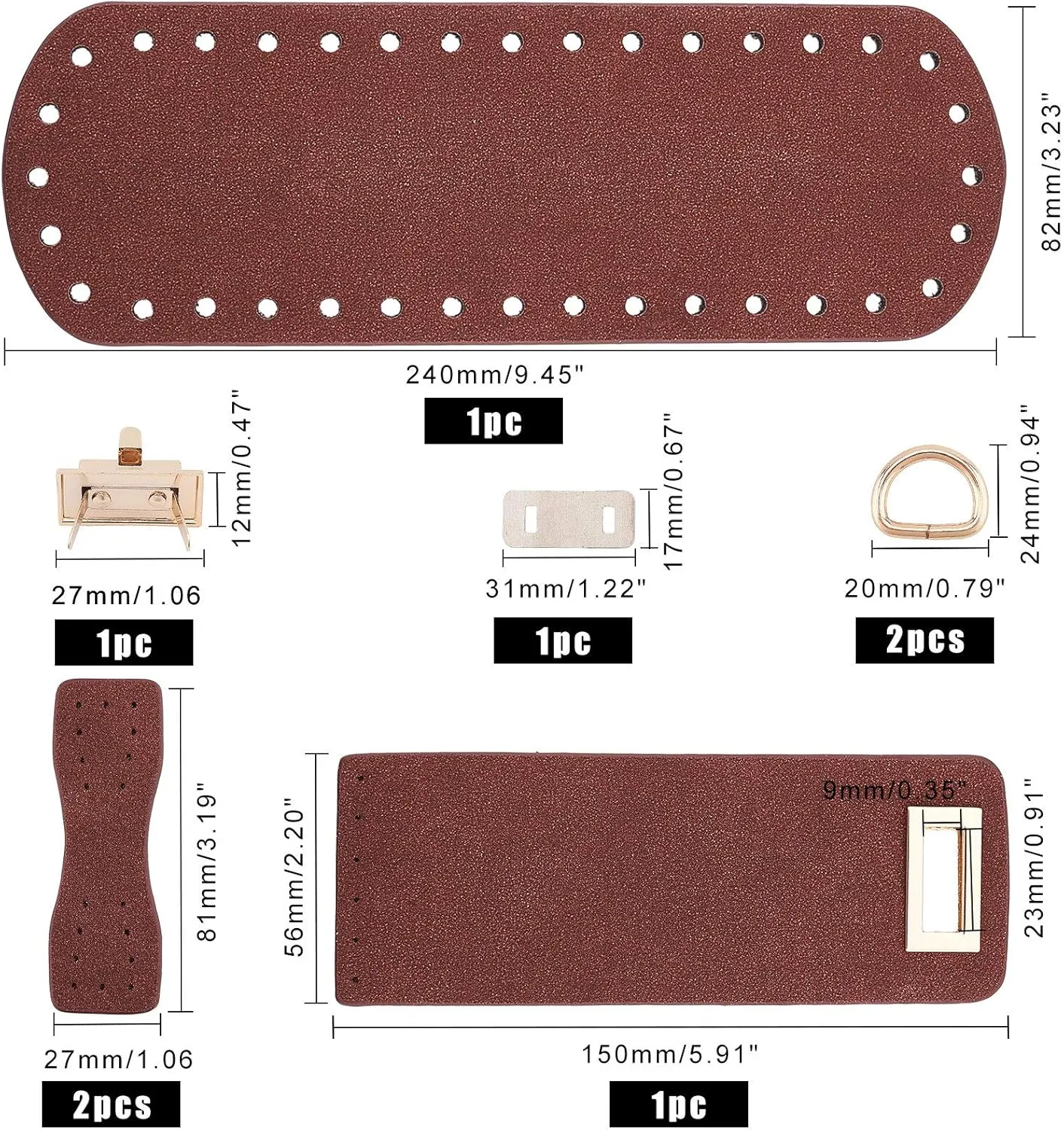 PandaHall DIY PU Leather Bag Knitting Set, Leather Bottom/26' Shoulder Strap/Twist Lock/Flap Cover/Buckles for Crochet Handbag Tote Shoulder Bag, Brown (7 Accessories)