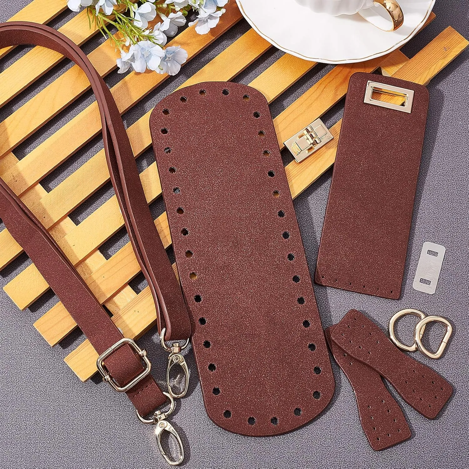 PandaHall DIY PU Leather Bag Knitting Set, Leather Bottom/26' Shoulder Strap/Twist Lock/Flap Cover/Buckles for Crochet Handbag Tote Shoulder Bag, Brown (7 Accessories)