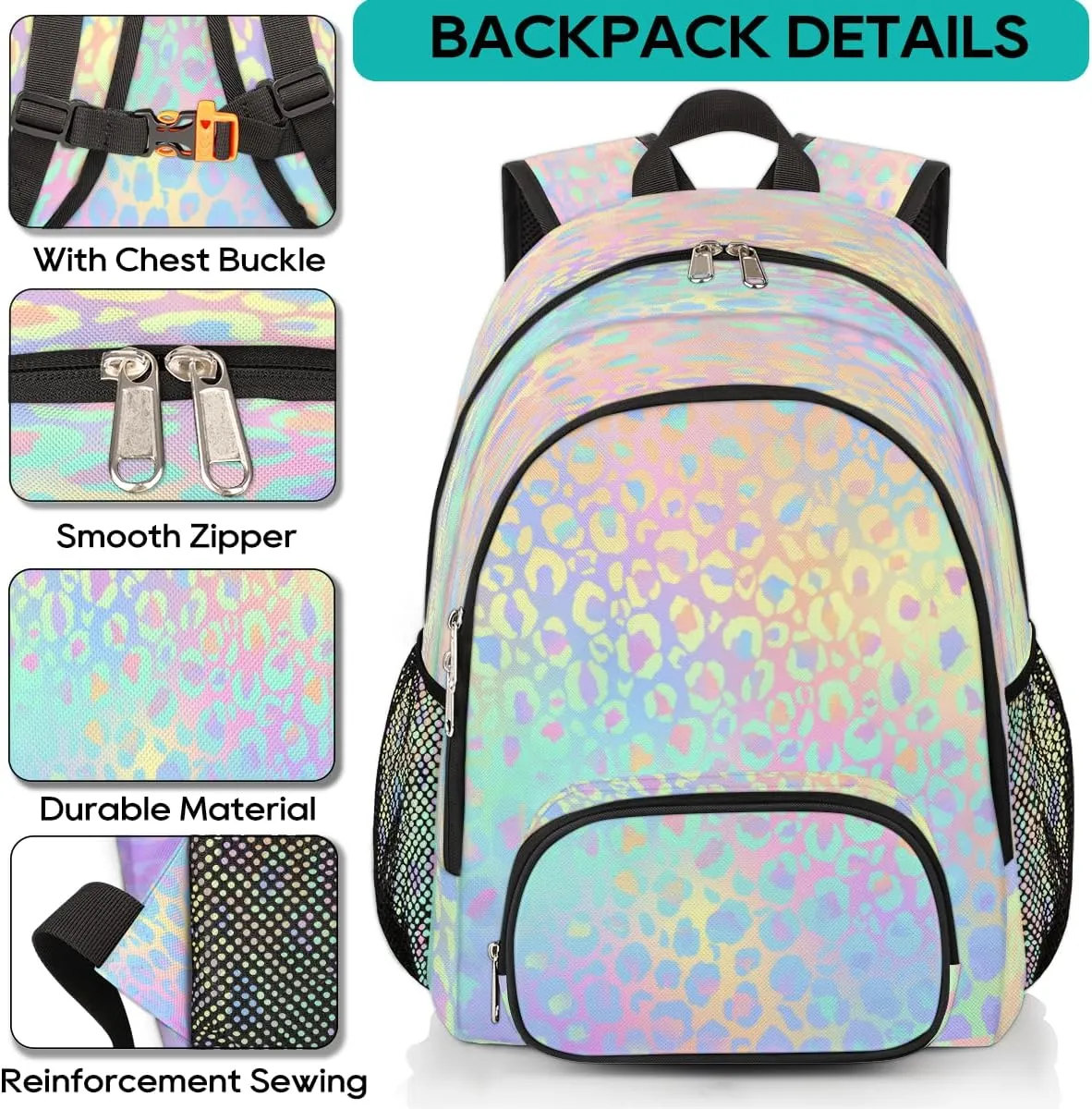 Pardick Leopard Print School Backpacks for Girls Boys Teens Students - Rainbow Leopard Print Stylish College Schoolbag Book Bag - Water Resistant Travel Backpacks for Women Men