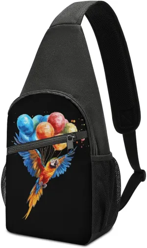 Parrot Bird Flying with Balloons Crossbody Sling Bags Chest Shoulder Backpack DayPack Handbag