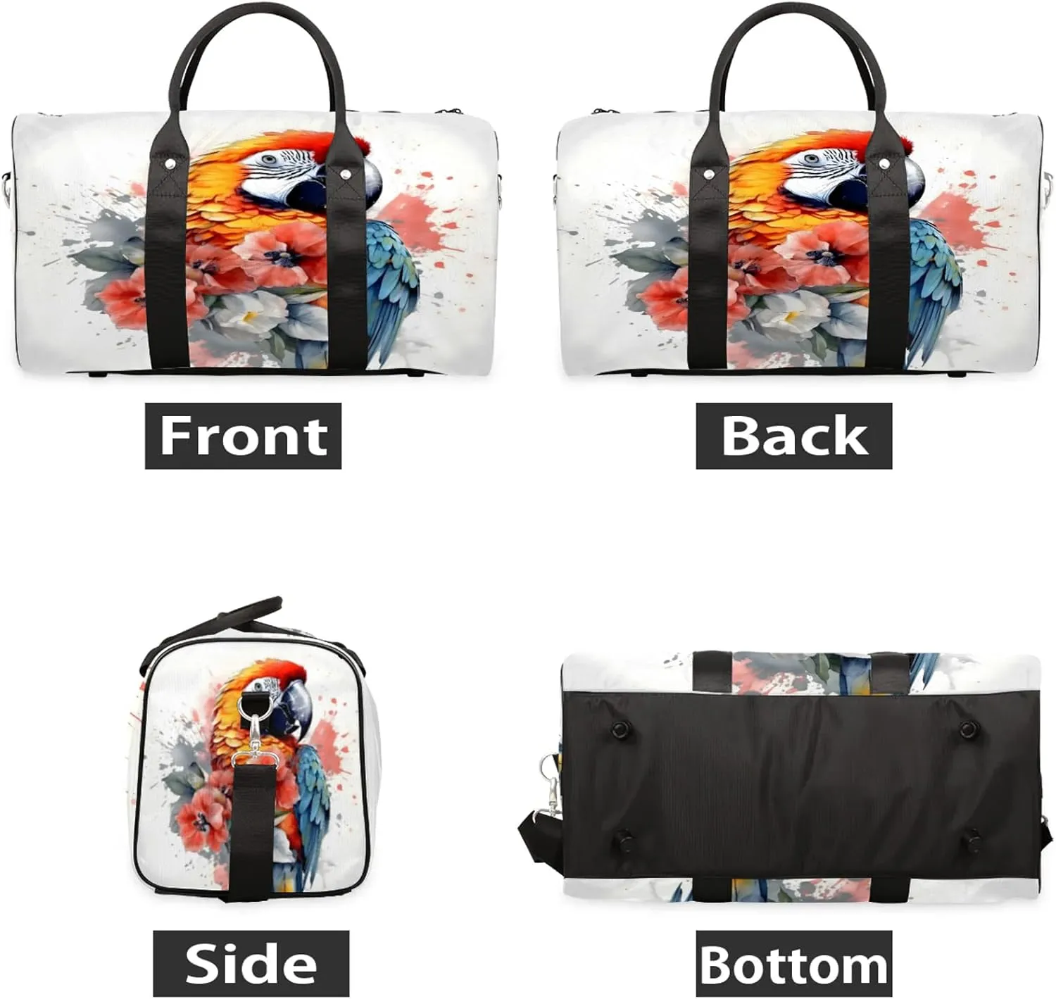Parrot Flower Travel Duffle Bag, Sports Gym Bags for Women Men, Carry On Weekender Overnight Workout Airplane Trips Bag
